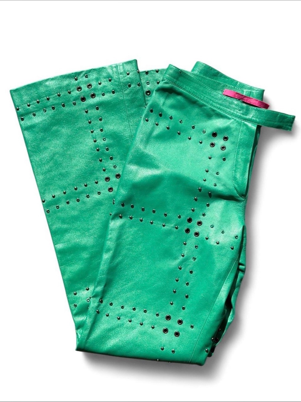 Rare Emanuel Ungaro Leather Studded and Grommet Green Pants